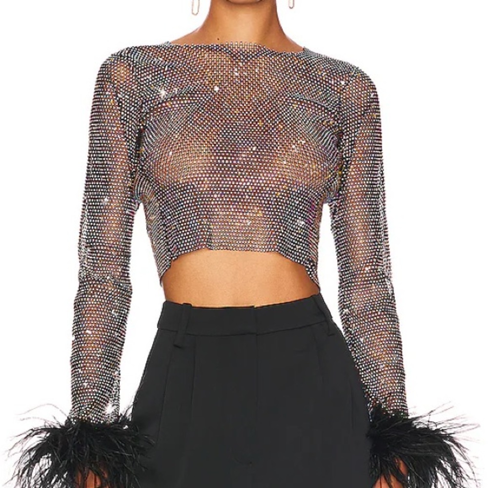 Revolve Santa Sparkly top with feather sleeves